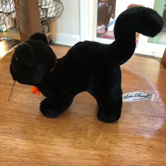 Like New Small Plush Black Cat Stuffed Animal with Bow and Curled Tail - Picture 2 of 5
